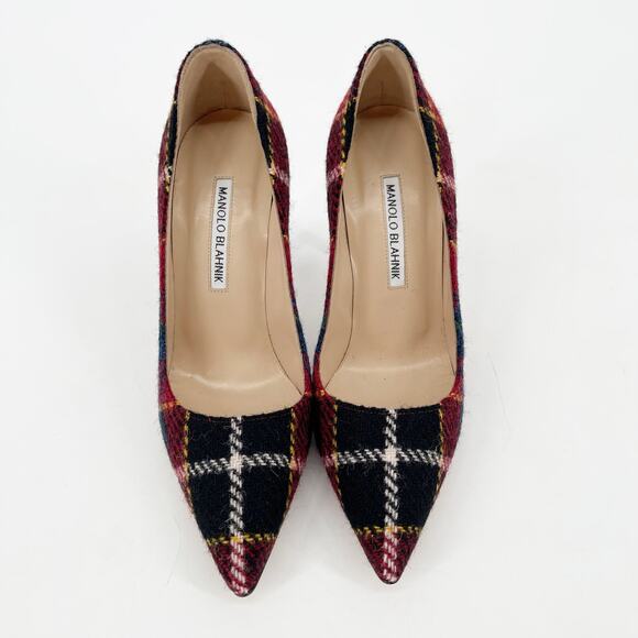 Manolo Blahnik Multicolor Check Tartan Wool BB Pointed Toe Stiletto Pumps IT 37 - Picture 6 of 12